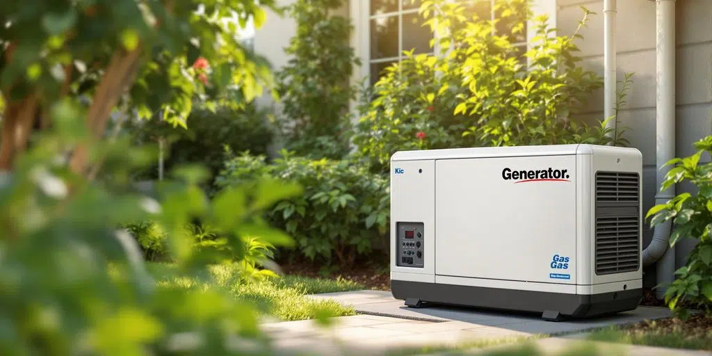 Modern gas generator in a residential garden setting.