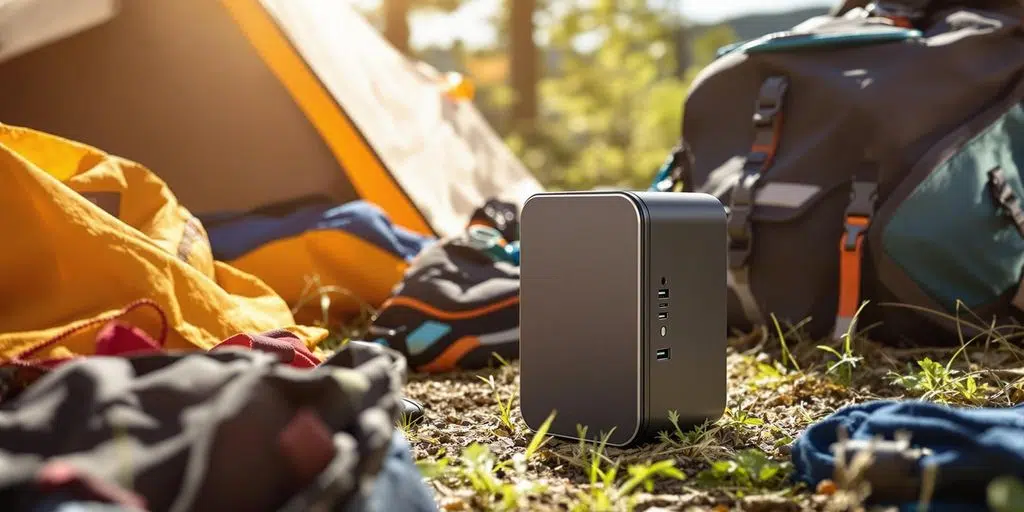 Portable power station in nature with camping equipment.