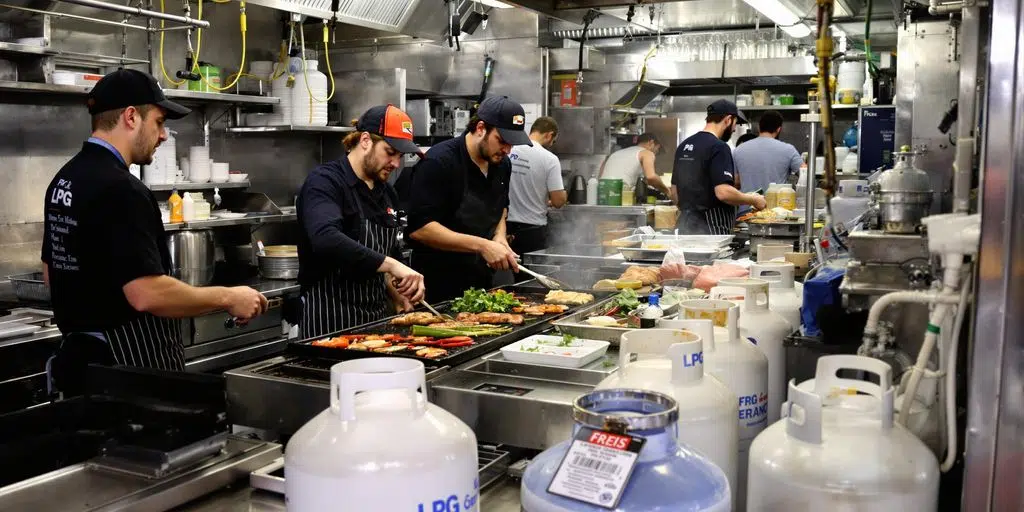 Food truck kitchen with LPG equipment and chefs cooking.