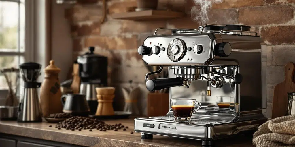 Gas espresso machine with steaming coffee on counter.