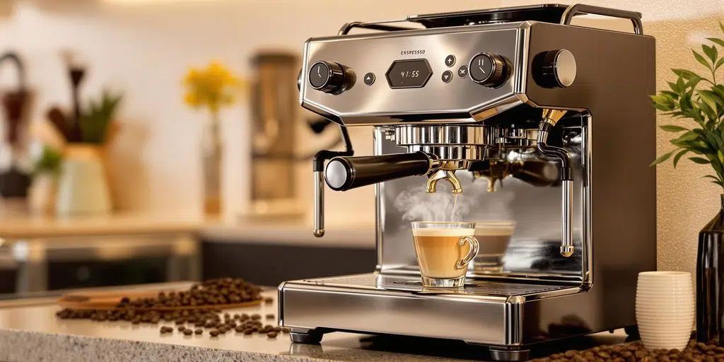 Gas espresso machine on a kitchen countertop with coffee.