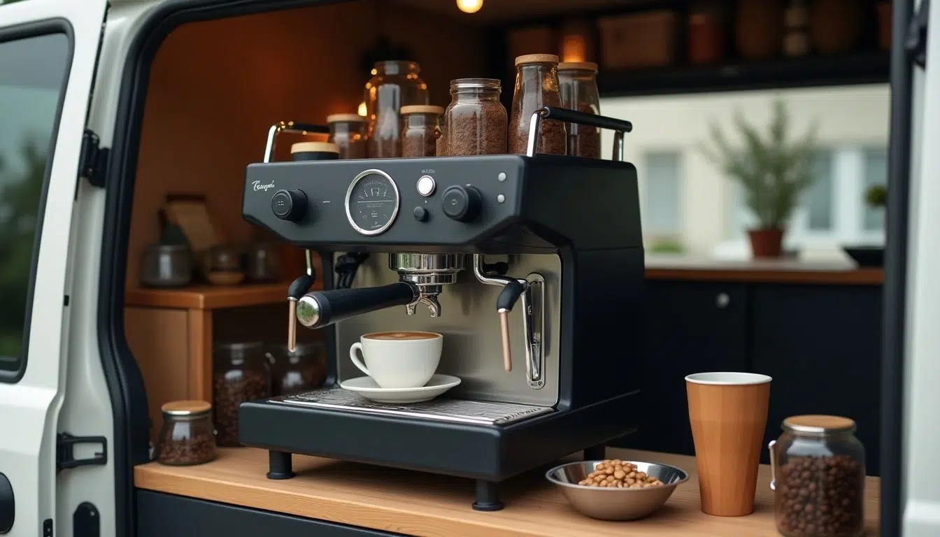 Gas espresso machine in a modern van setup.