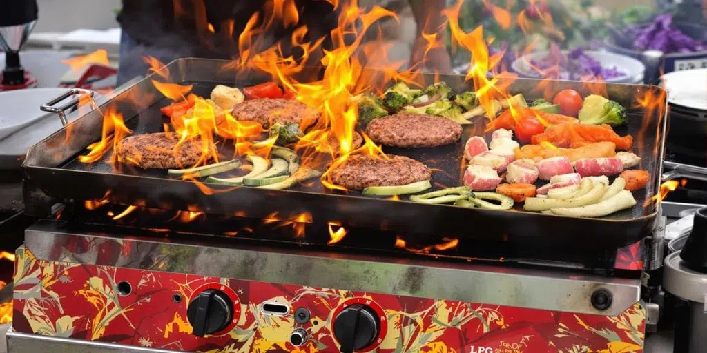 LPG gas griddle with sizzling food in mobile catering.