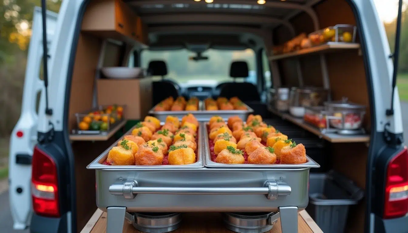 LPG Bain Marie in a catering van with food trays.