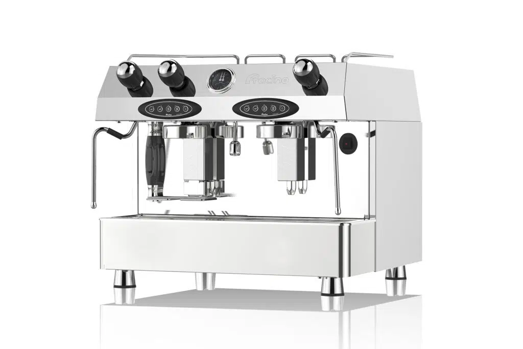 Modern one-group commercial coffee machine on café counter